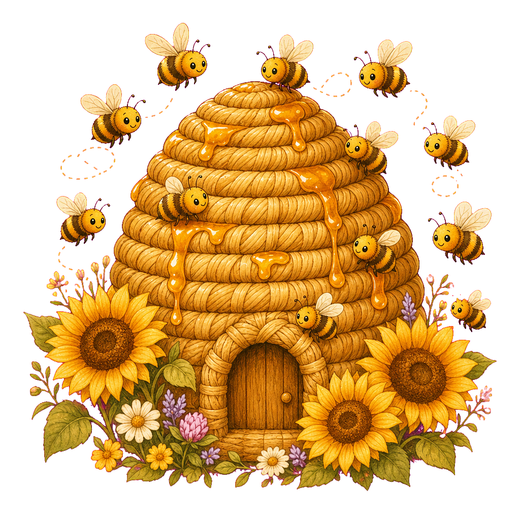 A straw beehive with bees swarming toward it among sunflowers